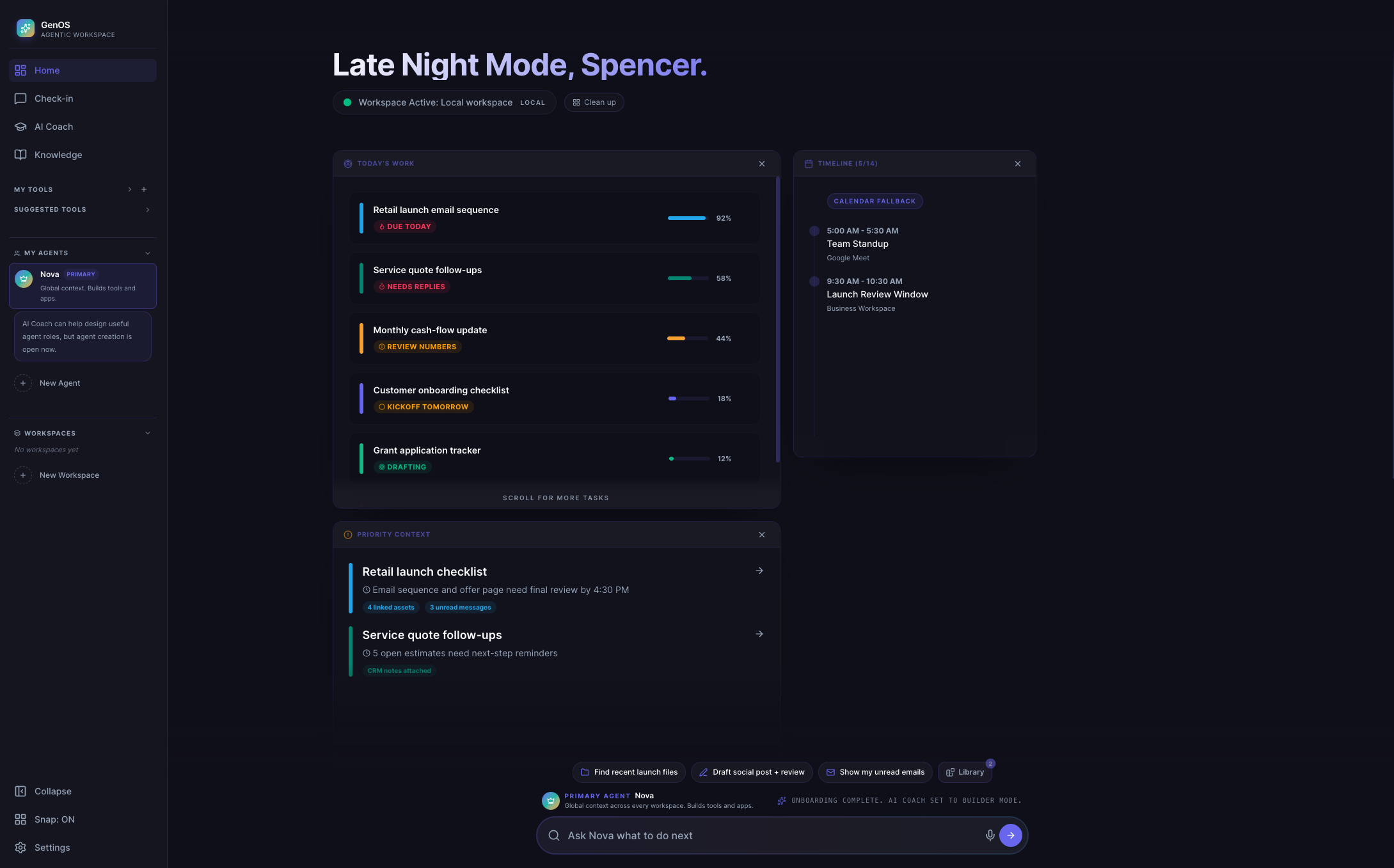 GenOS home dashboard with agent tasks and timeline